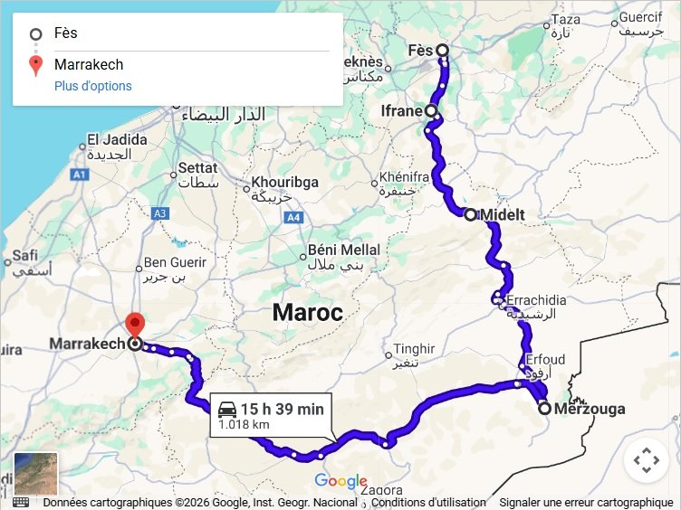 Map Itinerary from fes to Marrakech