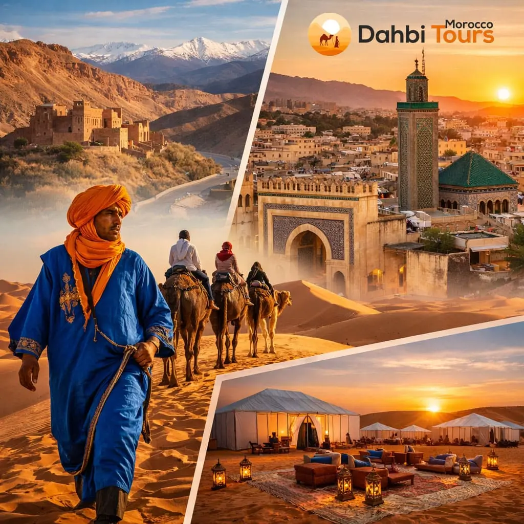 Morocco tours from Fes showcasing Sahara Desert camel trekking, Fes medina, Atlas Mountains, and luxury desert camp