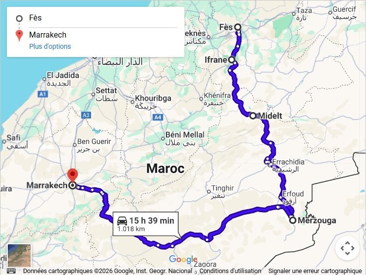 Route map — 5 day desert tour from Fes to Marrakech via Merzouga, Todra Gorge and Ait Benhaddou